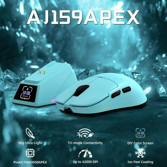 ATTACK SHARK x AJAZZ AJ159 APEX PAW3950 Triple Mode Gaming Mouse 8K with Magnetic Charging Dock with Color Display Bluetooth/2.4G Wireless/Wired-Blue
