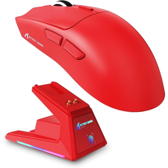 ATTACK X1 Gaming with Dock, PAW3395 Sensor Up to 40K DPI,53g Light Tri-Mode Computer Mice,1KHz Polling Rate 5 Programmable Buttons for WIN/-Red