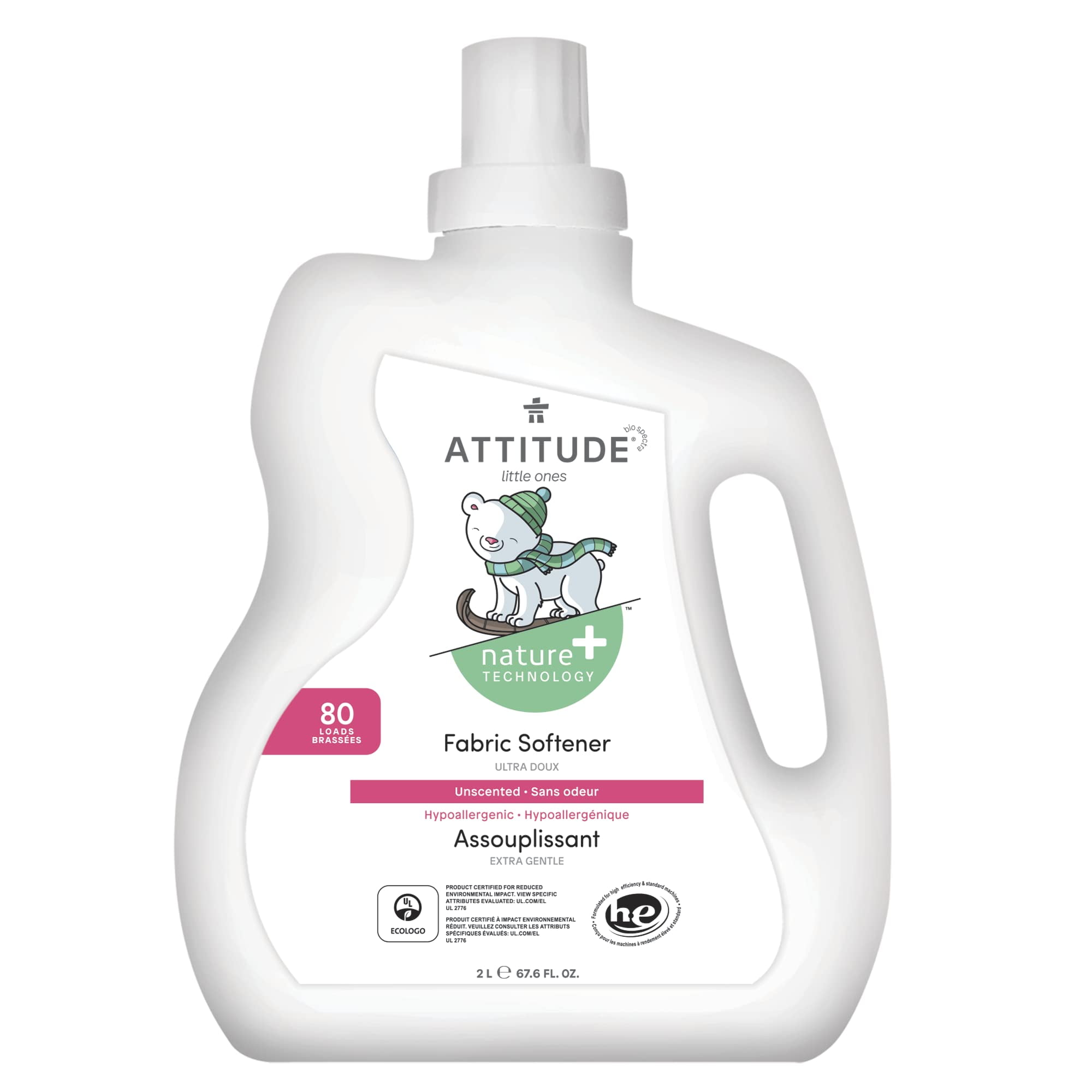 ATTITUDE Baby Fabric Softener, Plant and Mineral-Based Ingredients, HE Compatible, Vegan and Cruelty-free Laundry and Household Products, Unscented, 80 Loads, 67.6 Fl Oz