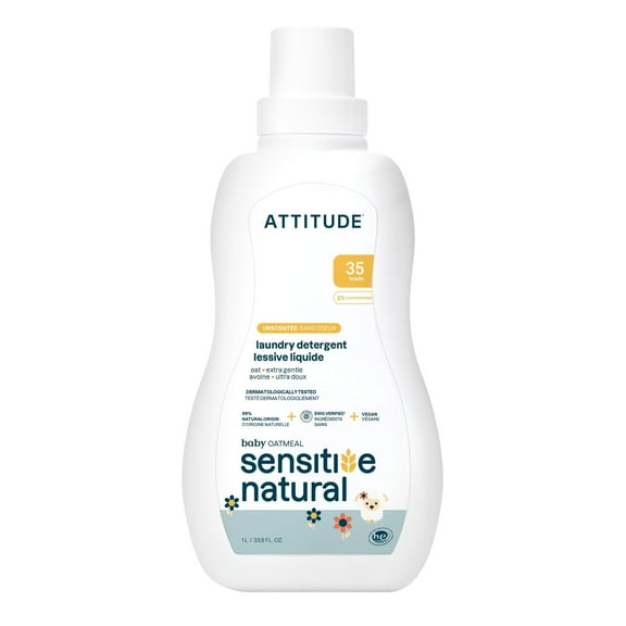 ATTITUDE Baby Laundry Detergent, EWG Verified, AIS1Plant and Mineral-Based Formula, HE Compatible, Vegan Household Products, Unscented, Sensitive, 33.8 Fl Oz, 35 Loads