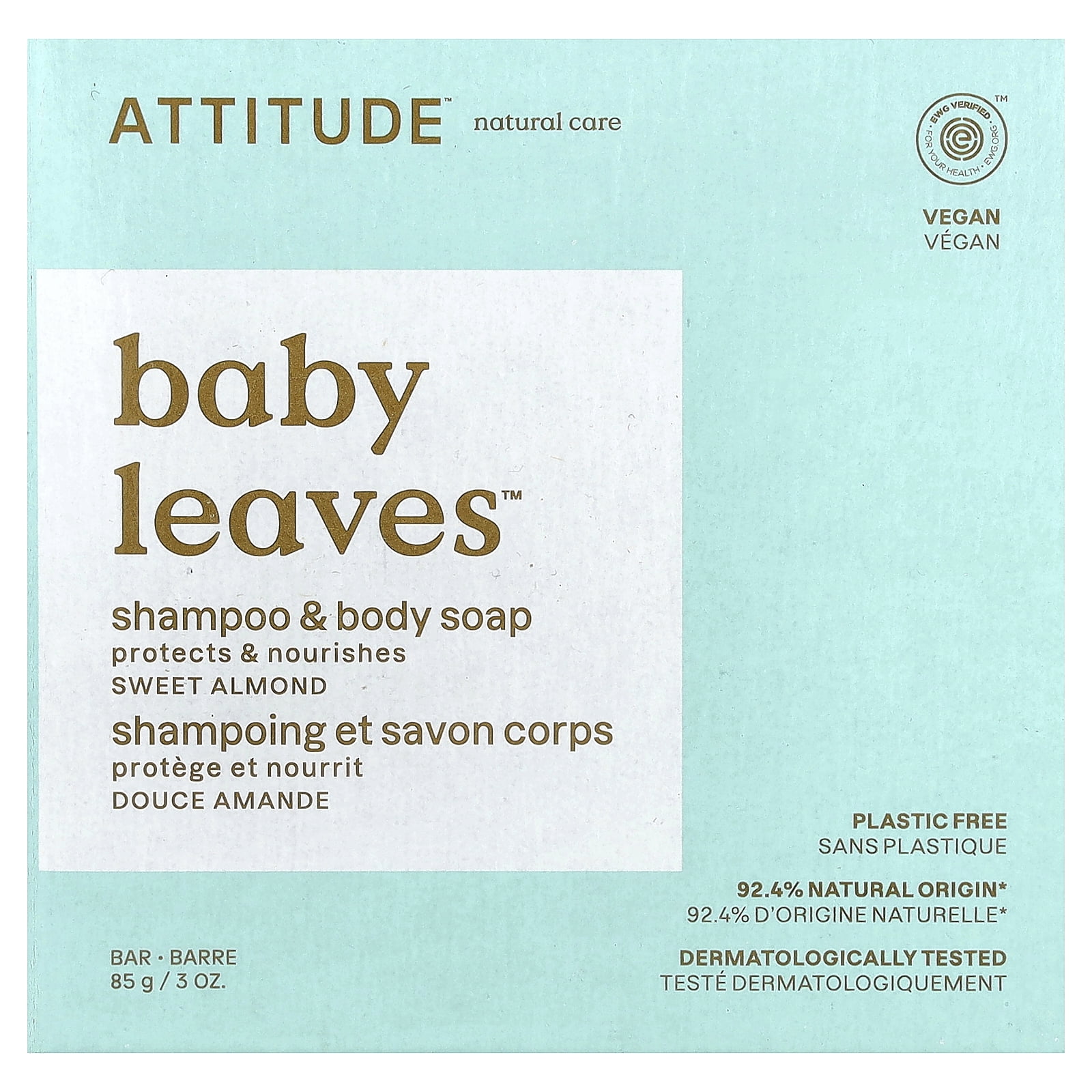 ATTITUDE Baby Leaves, Shampoo & Body Bar Soap, Sweet Almond, 3 oz (85 g)