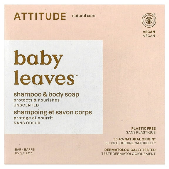 ATTITUDE Baby Leaves, Shampoo & Body Bar Soap, Unscented, 3 oz (85 g)