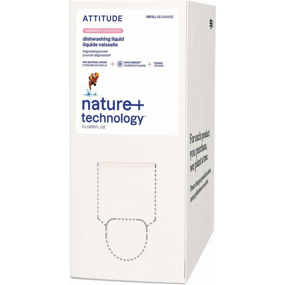 ATTITUDE Dish Soap Refill, EWG Verified, Plant-Based & Vegan Dishwashing Liquid, Naturally Derived, Unscented, 67.6 Fl Oz