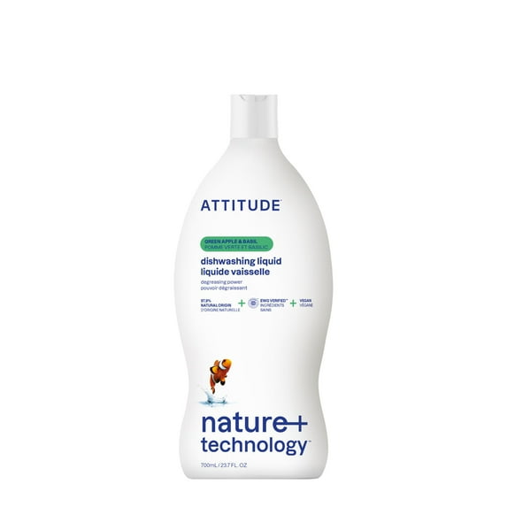 ATTITUDE Dish Soap, EWG Verified, Plant-Based & Vegan Dishwashing Liquid, Naturally Derived, Green Apple and Basil Scent, 23.7 Fl Oz