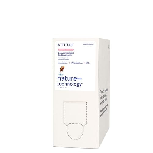 ATTITUDE Dishwashing Liquid, EWG Verified, Vegan Dish Soap, Plant Based, Naturally Derived Products, Unscented, Bulk Refill, 67.6 Fl Oz