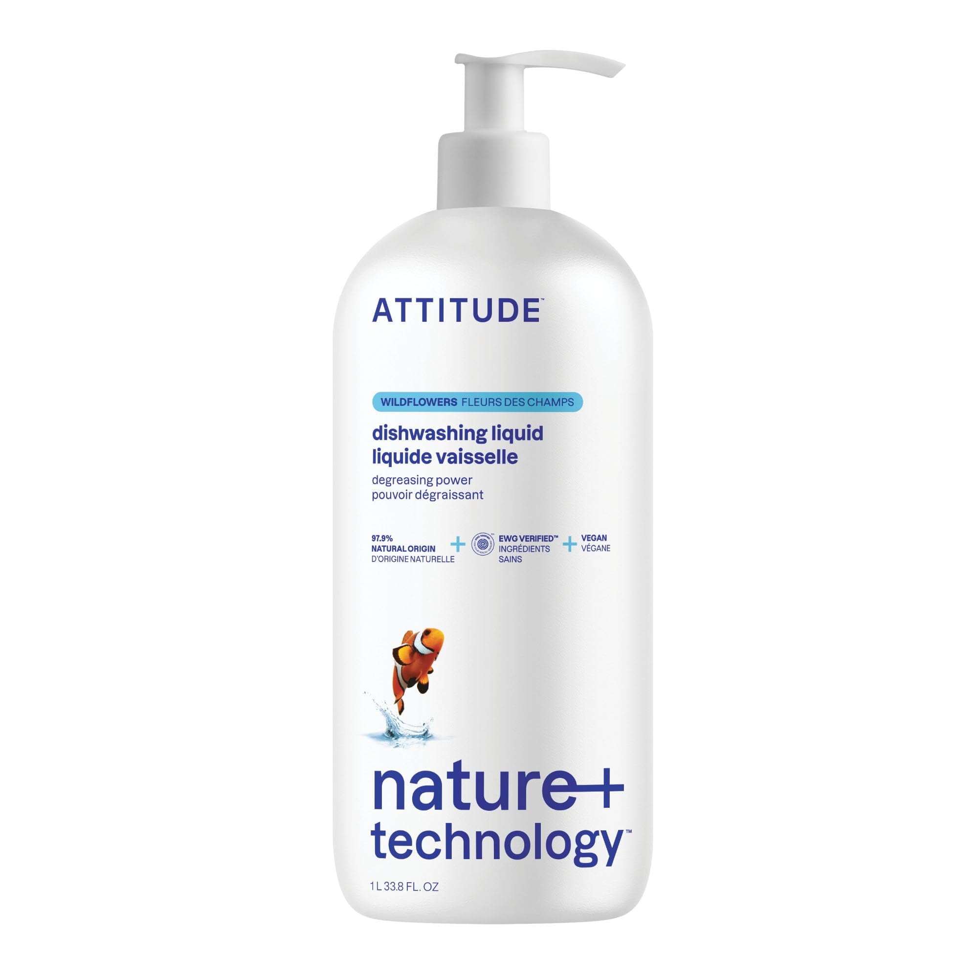 ATTITUDE Dish Soap, EWG Verified, Plant-Based & Vegan Dishwashing Liquid, Naturally Derived, Wildflowers Scent, 33.8 Fl Oz