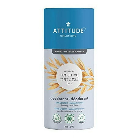 ATTITUDE Natural Baking Soda Free Deodorant for Sensitive Skin, Plastic-Free Cardboard Tube, with Soothing Oatmeal, Unscented, 3 Oz 3 Ounce (Pack of 1)