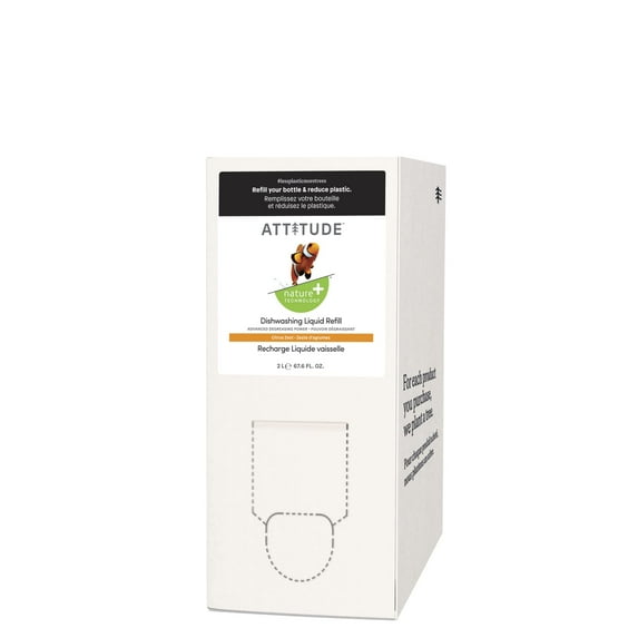 ATTITUDE Natural Dish Soap, Bulk Refill Format, Plant- and Mineral-Based Efficient Dishwashing Liquid, Hypoallergenic Vegan and Cruelty-Free, Citrus Zest, 67.6 Fl Oz