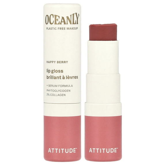 ATTITUDE Oceanly Plastic-Free Sheer Lip Gloss Stick, Titanium Dioxide-Free, EWG Verified, Vegan  and  Cruelty-free Makeup, Happy Berry, 0.12 Ounces