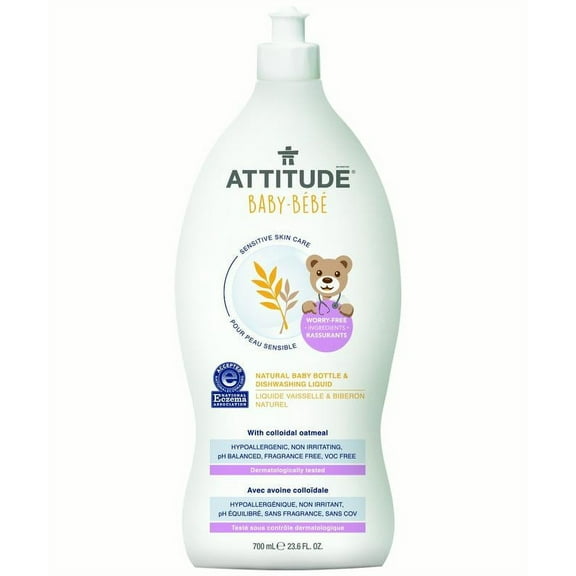 ATTITUDE Sensitive Skin, Hypoallergenic Baby Bottle & Dishwashing Liquid, Fragrance Free, 23.6 Fluid Ounce (60318)