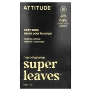 ATTITUDE Super Leaves , Body Bar Soap, For Men, Amber & Citrus, 4 oz 113 g