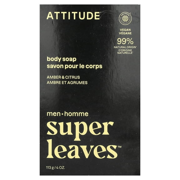 ATTITUDE Super Leaves, Body Bar Soap, For Men, Amber & Citrus, 4 oz (113 g)