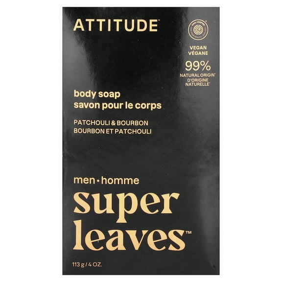 ATTITUDE Super Leaves, Body Bar Soap, For Men, Patchouli & Bourbon, 4 oz (113 g)