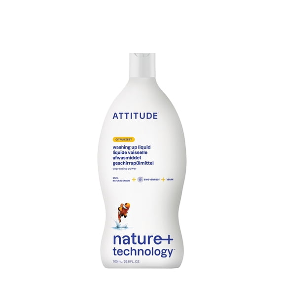 ATTITUDE Washing Up Liquid, Cuts Grease & Removes Food Residue, Gentle on Hands, Plant-Based Cleaning Liquid, Vegan Dish Soap, Cirtsu Zest, 700 mL