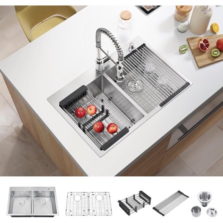 ATTOP 33 Inch Large Double Bowls Drop in Kitchen Sink,Nano Coating Stainless Steel Handmade Topmount Kitchen Sink
