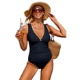 thumbnail image 1 of ATTRACO One Piece Swimsuit Women Shoulder Straps Wavy Edge V Collar Bathing Suit Sexy Monokini Swimwear S-XL, 1 of 6