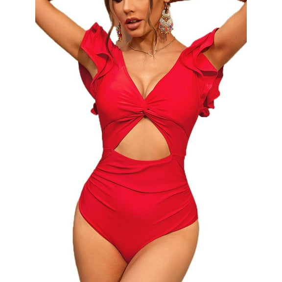 ATTRACO Sexy V Neck Backless Navel Exposed One Piece Swimwear for Women Double Straps Bath Suit Monkini
