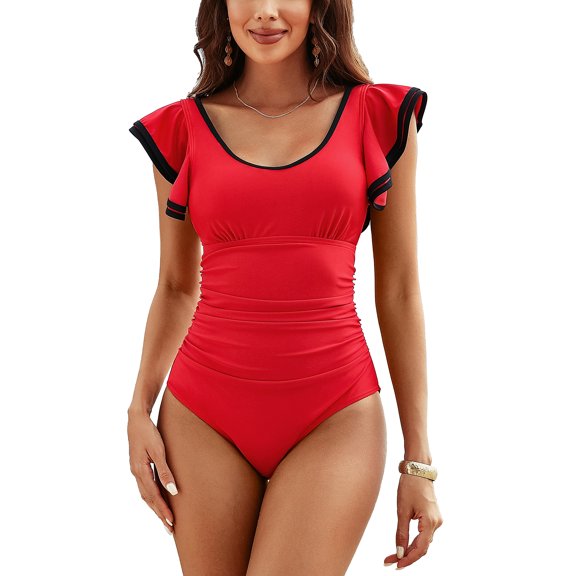 ATTRACO Womens One Piece Swimsuit V Neck Backless Ruched Tummy Control Monokini Swimwear