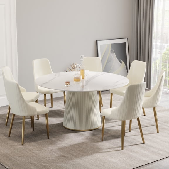 ATUNUS Round Dining Table - Sintered Stone Top, White, Seats 8 - Durable, Heat & Stain Resistant, Modern Design - Dining Room Table