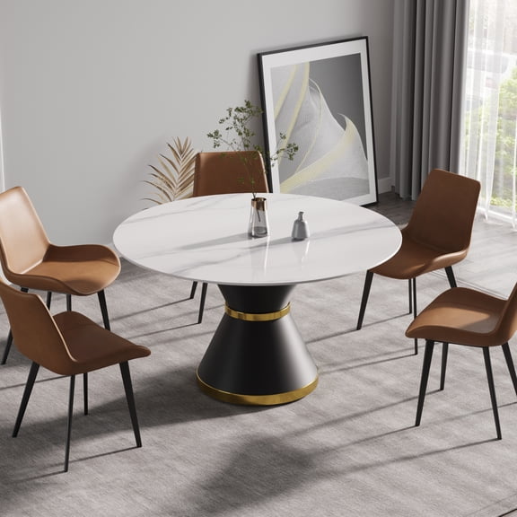ATUNUS Sintered Stone Round Dining Table - 53" White Modern Kitchen Table for 6 People, Durable & Heat Resistant, Black Metal Base