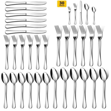 AMBLER 30 Piece Silverware Set, Service for 6 Mirror Polished Knives Forks Spoons Kitchen Utensils Set for Home Kitchen Restaurant