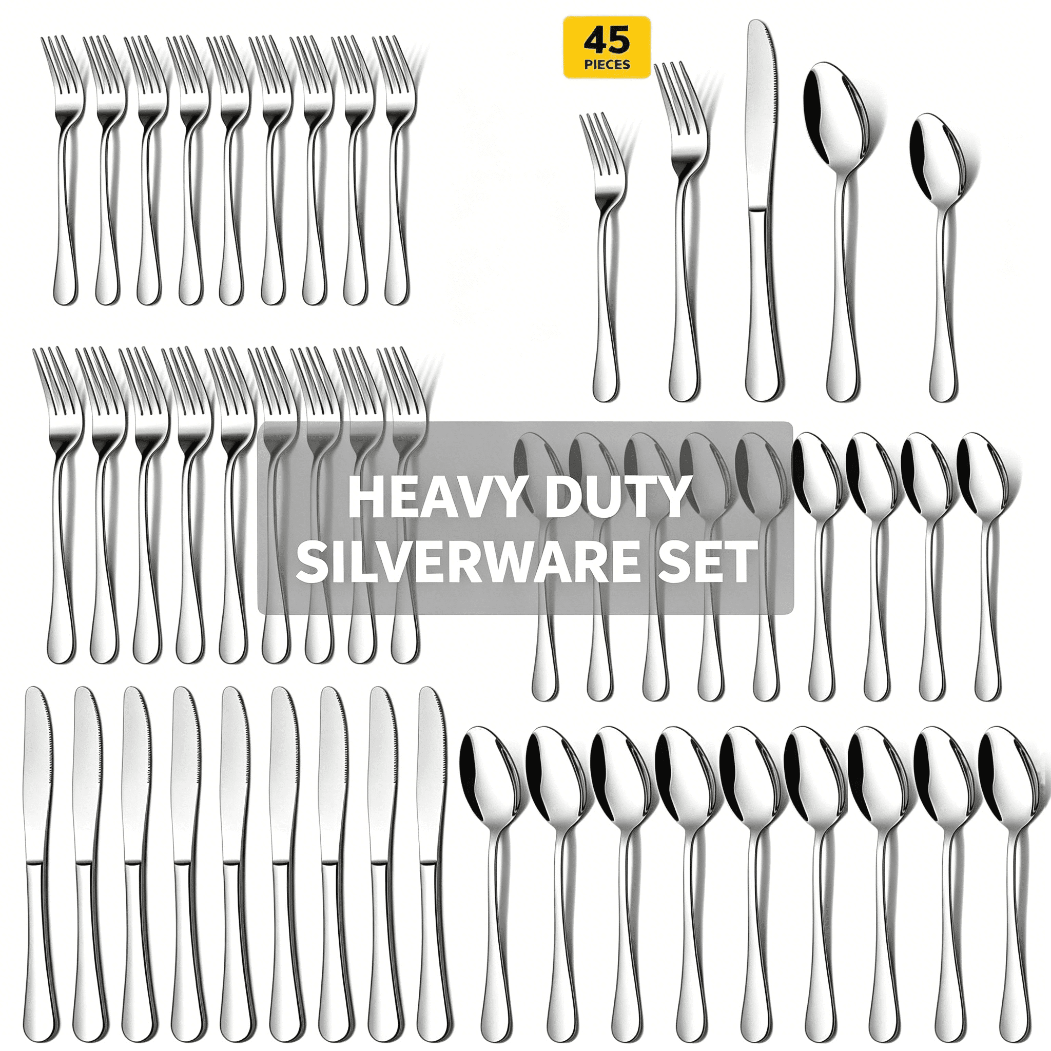 45 Piece Silverware Set, Service for for 9 with Steak Knives Stainless Steel Forks Spoons Kitchen Restaurant