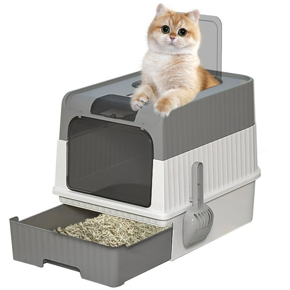 ATUPEN Enclosed Cat Litter Box with Lid, Large Litter Scoop High Wall Sides Enclosure(Grey)
