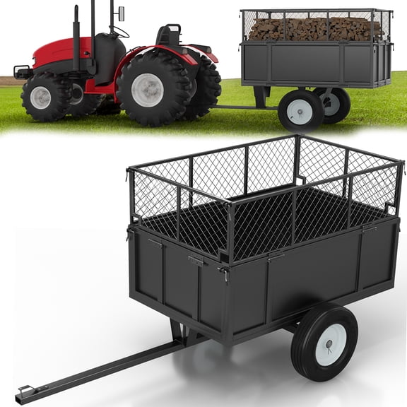 ATV Trailer Dump Cart Pull Behind, 750 LB Capacity, 17 Cu.Ft, Heavy Duty Steel Utility Trailer for Lawn Tractor with Raised Side Rails, Lawn Carts Tow Behind for Garden Yard, Black