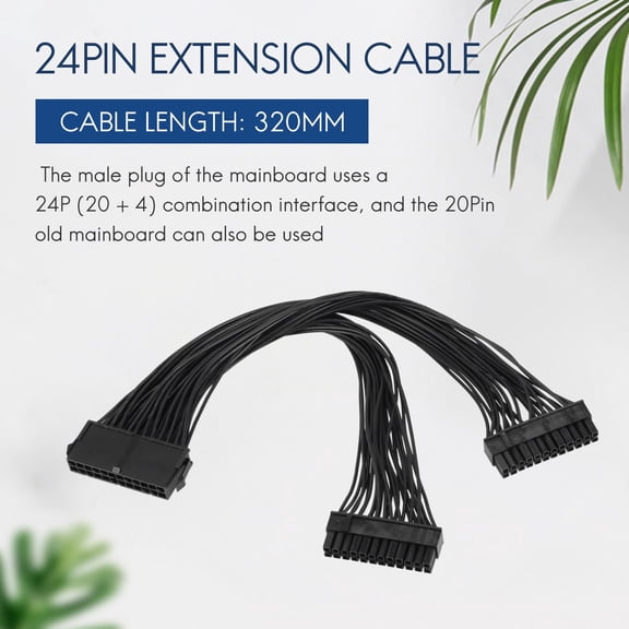 ATX 24Pin 1 to 2 Port Power Supply Extension Cable PSU Male to Female Splitter 24PIN Extension Cable,1* expansion cable,Black