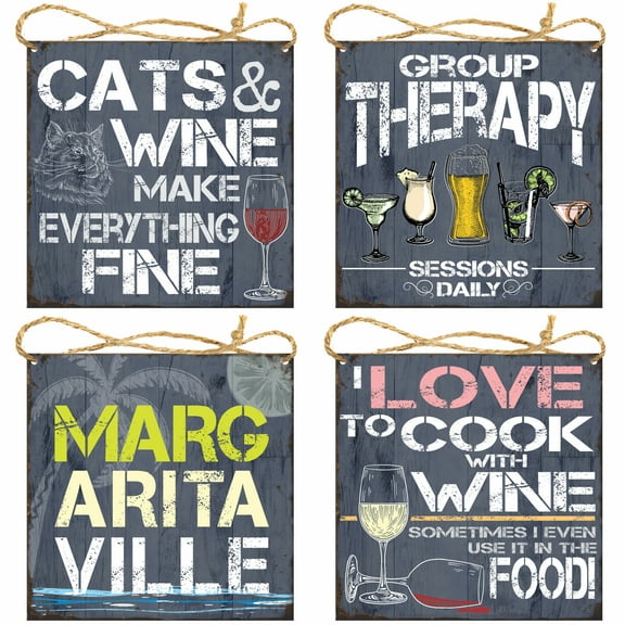 ATX CUSTOM SIGNS - Pack of 4 Hanging Signs, Margaritaville Sign, Group Therapy Sessions Daily, I Love to Cook with Wine Sometimes I even Use it in the Food Sign, Cats & Wine Make Everything Fine Sign