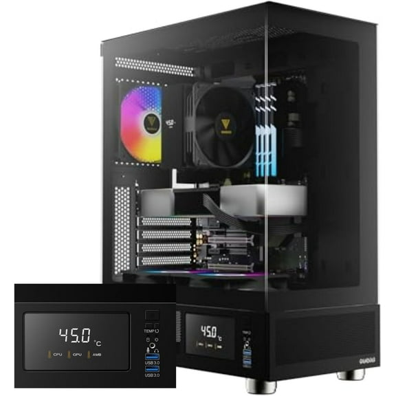ATX Mid Tower Computer Case with Tempered Glass, Gaming PC w/Temperature Display LCD & 3X 120mm ARGB Fans, Support Up to 5X 240mm AIO/Radiator, 340mm GPU/VGA, 160mm CPU Air Cooler