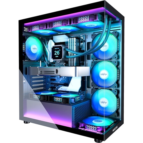 ATX PC Case 7 PWM ARGB Fans Pre-Installed, Type-C Mid Tower Computer Case with Full-View Dual Tempered Glass, Gaming PC Case, Black(K2)