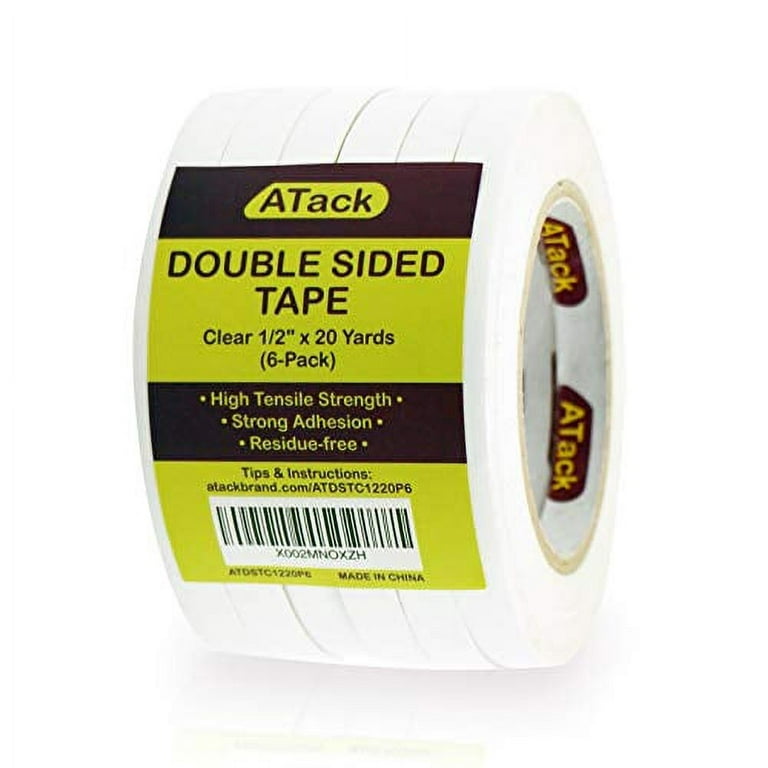 ATack Double Sided Tape, Clear, 1/2-Inch x 20-Yards (6-Pack) Wall Safe  Transparent Heavy-Duty Double Sides Self Sticky Wall Fabric Tape for Wood