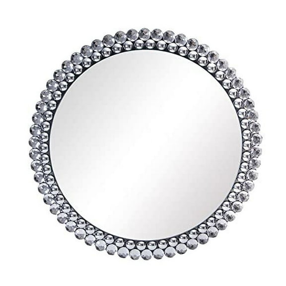 AUA CROWN 24 inches Round Home Mirror Wall Decor with Rhinestone and Convex Mirror, High Reflect Silver Mirror for Living Room, Dining Room