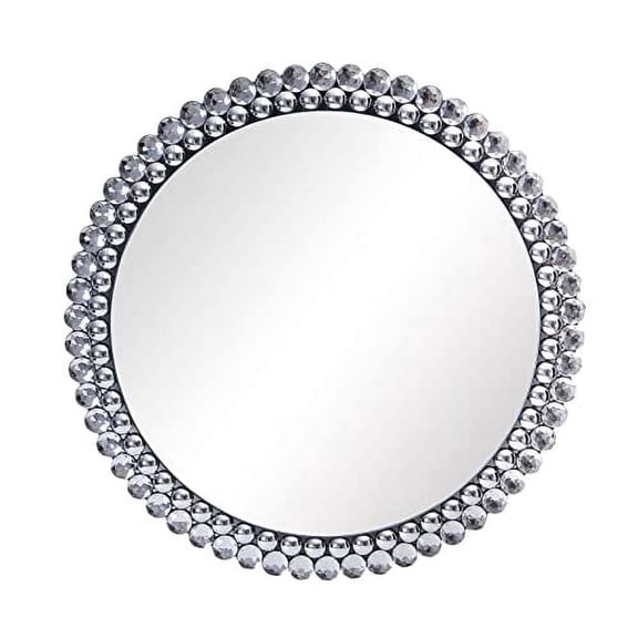 AUA CROWN 24 inches Round Home Mirror Wall Decor with Rhinestone and Convex Mirror, High Reflect Silver Mirror for Living Room, Dining Room