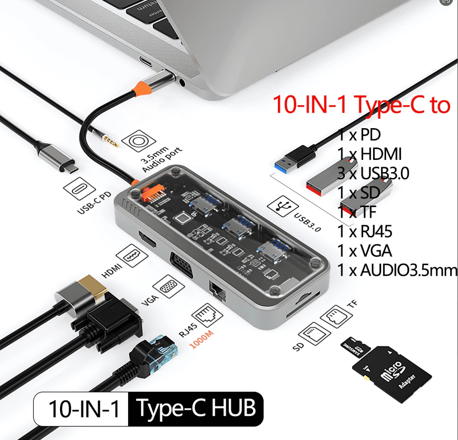 AUBEAMTO 10-in-1 Perspective Version USB C Laptop Docking Station Dual Monitor,10 in 1 Docking Station with 4K HDMI,VGA,3 USB 3.0,100W PD,1000M Ethernet,TF/SD and 3.5mm audio port USB C Hub for PC