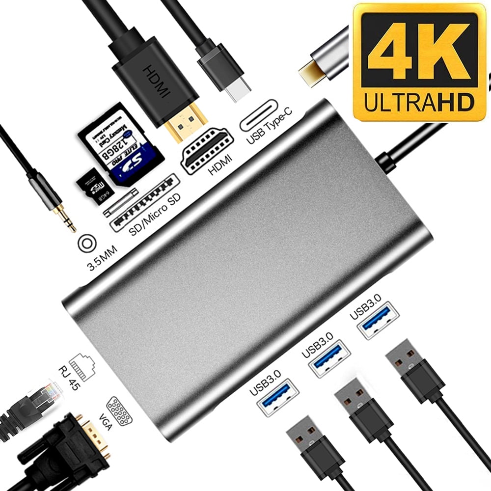USB C-hub, 11-in-1 multiport adapter naar Dual HDMI en VGA, RJ45 ethernet, audio-poort, 100 W PD, 5 USB-poorten, docking station voor MacBook Dell Surface HP Tablet Type C