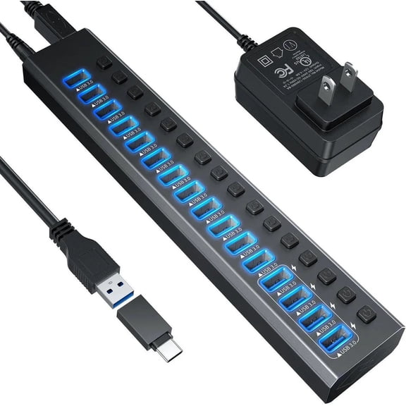 AUBEAMTO  16-Port Powered USB3.0 Hub, USB3.0 Hub [Durable Aluminum] 16Data Transfer Ports+ 4 Smart Charging Ports with Individual On/Off Switches, USB Hub 3.0 Powered with Power Adapter for Laptop PC