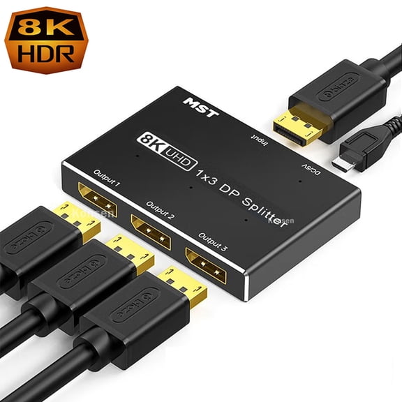 AUBEAMTO 1x3 DisplayPort Ultra HD Splitter Converter, 3 Port DisplayPort 8K DP 1.4 Switch Direction 1in 3out 8K@30Hz 4K@120Hz Splitter Converter for Multiple Source and displays