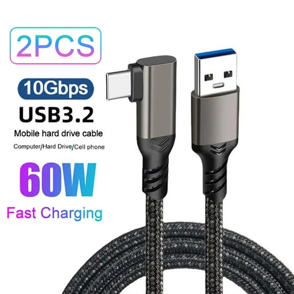 AUBEAMTO 2-Pack USB A to USB C Cable Right Angle 3.3FT, USB 3.1 10Gbps Data Transfer and 60W 3A Fast Charging Long Cable for Android Auto Samsung, VR Link External, SSD and Other USB to Type C Device