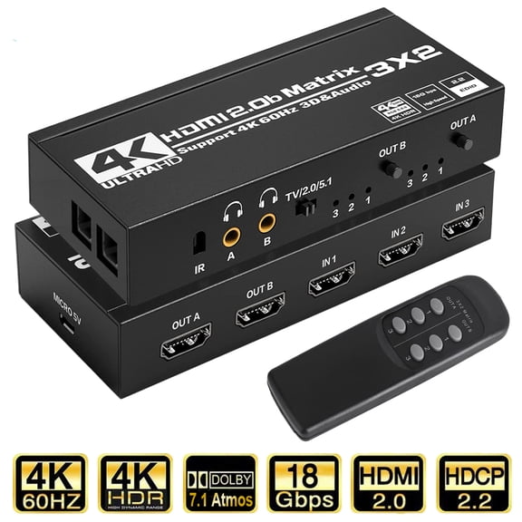 AUBEAMTO  3 in 2 Out Matrix HDMI Switch , 4K HDMI Matrix Switch 3x2 Switcher Splitter Box with EDID Extractor and IR Remote Control, Support Ultra 4K HDR, 4Kx2K@60Hz, 3D/1080P,HDMI 2.0b, HDCP 2.2