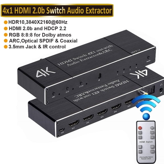 AUBEAMTO 4K HDMI 2.0 Switch 4x1 HDMI Switcher Audio Extractor with SPDIF Coaxial 3.5mm Audio Out With ARC For PS3 PS4 Apple TV HDTV