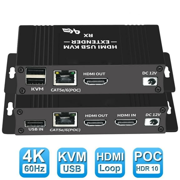 AUBEAMTO 60m/196ft HDMI KVM Extender over Ethernet Cat5e/6 4K@60Hz HDMI USB Extender Video Audio Extension Transmitter Support USB Keyboard Mouse