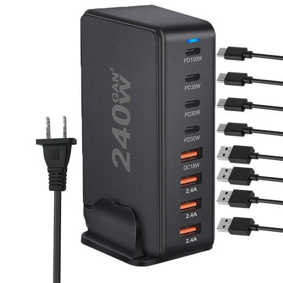 AUBEAMTO 8 Port USB C Charger 240W PD 3.0 QC3.0 USB C Desk Charger Portable Adapter Charging Station Hub Compatible with iPhone 15/14/13/13 Pro Max/MacBook/iPad Pro/Galaxy