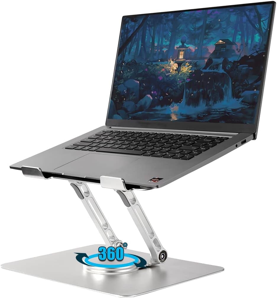 AUBEAMTO Adjustable Laptop Stand with 360° Rotating Heavy Base, Ergonomic Laptop Riser for Desk, Stable Laptop Holder for Collaborative Working, Suit for 10-15.6" PC Computer, Dual Shaft, Silver