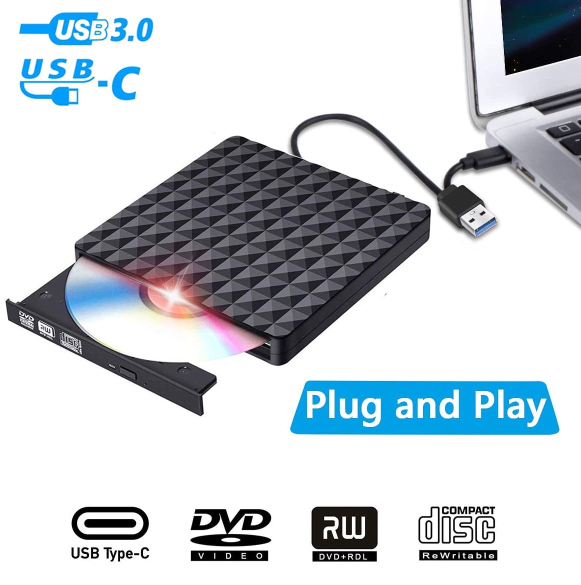 AUBEAMTO Diamond Pattern External DVD Drive USB 3.0, Ultra-Slim CD DVD ...