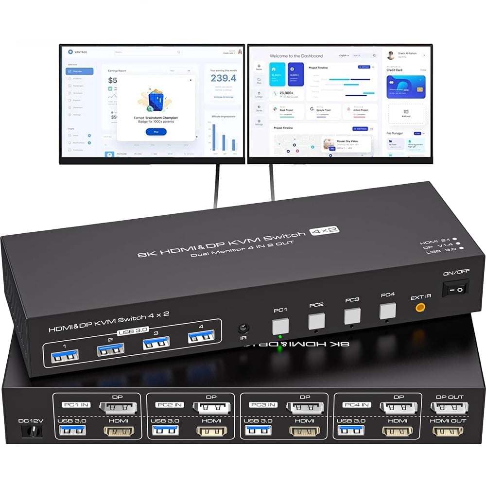 AUBEAMTO Dual Monitor HDMI+DP KVM Switch 4 Computers 2 Monitors 8K@60Hz 4K@120Hz 4 Port KVM Switches for 4 PC Share 4 USB 3.0 Devices Support Copy and Extend Mode, Remote Control and Power Adapter