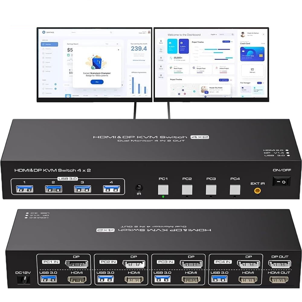 AUBEAMTO Dual Monitor HDMI+Displayport KVM Switch 4 Computers 2 Monitors 4K@60Hz 2K@120Hz 4 Port KVM Switches for 4 PCs Share 4 USB 3.0 Devices with Remote Control,USB3.0 Cables and Power Adapter
