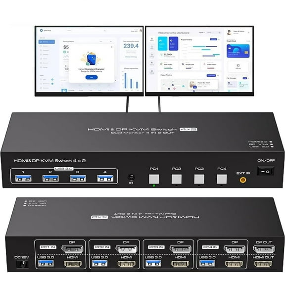 AUBEAMTO Dual Monitor HDMI+Displayport KVM Switch 4 Computers 2 Monitors 4K@60Hz 2K@120Hz 4 Port KVM Switches for 4 PCs Share 4 USB 3.0 Devices with Remote Control,USB3.0 Cables and Power Adapter