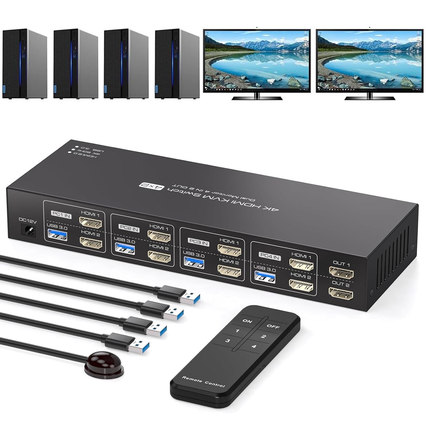 AUBEAMTO Dual Monitor HDMI KVM Switch 4 Computers 2 Monitors 4K@60Hz 2K@120Hz 4 Port KVM Switches for 4 PCs Share 2 Monitor and 4 USB 3.0 Devices with Remote,USB3.0 Cables and Power Adapter